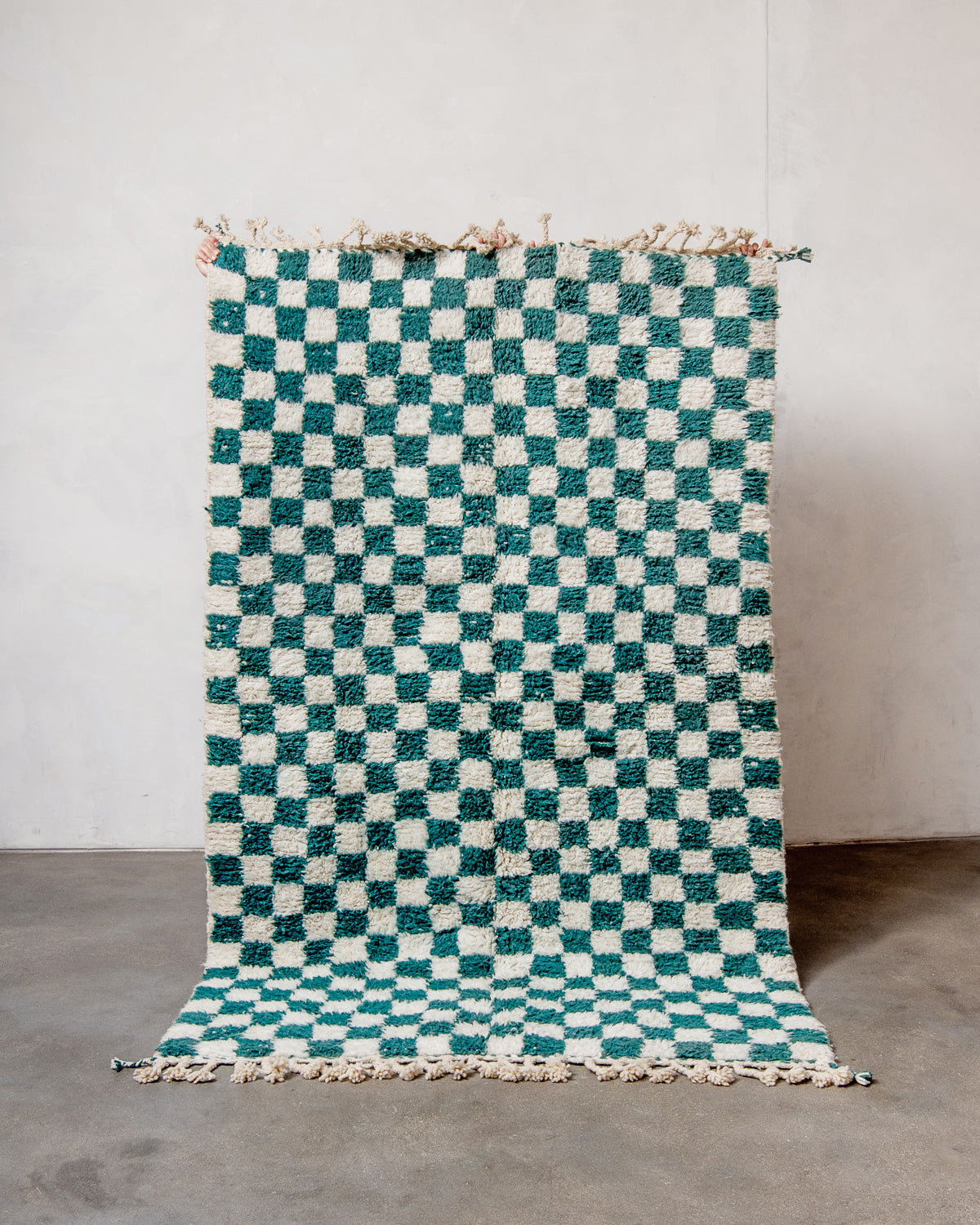 Modern, designer, handcrafted Berber rug from Morocco. Beniourain carpet with beautiful colours and patterns and fluffy wool texture.